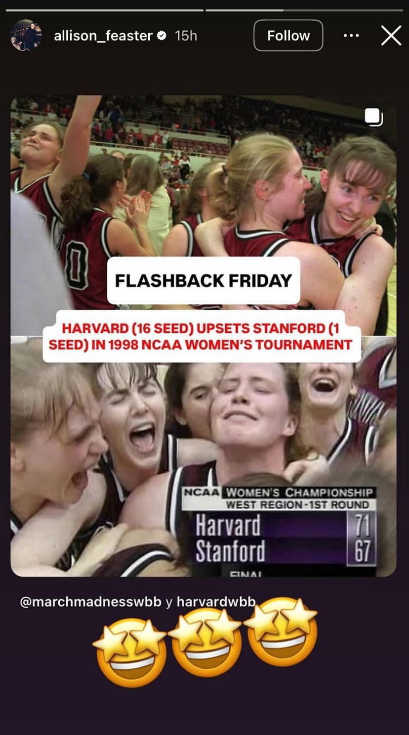 Sarah Strong's mom Allison Feaster drops reaction to clip of Harvard’s historic upset over Stanford in the 1998 NCAA Women’s Tournament - Image source: Instagram/allison_feaster